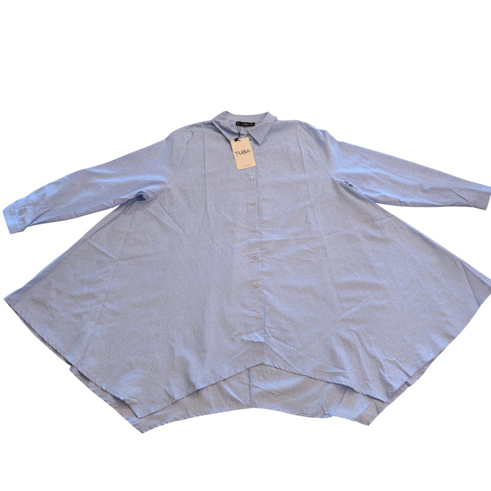 Tuba Butik Light Blue Asymmetric Cotton Poplin Button Down Tunic Shirt M/L NEW - Picture 2 of 9